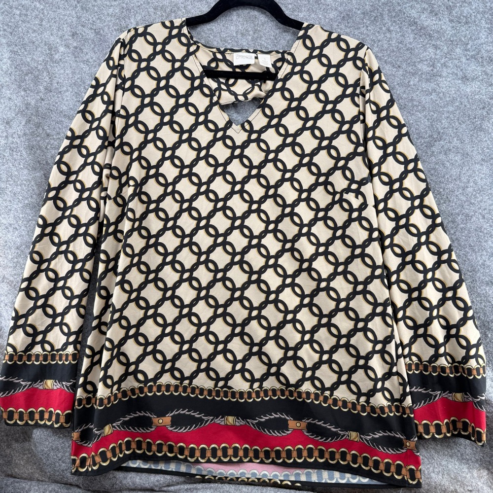 Chico's Tunic Blouse Women 1‎ Tan Black Chain Link Print Back Cutout Top